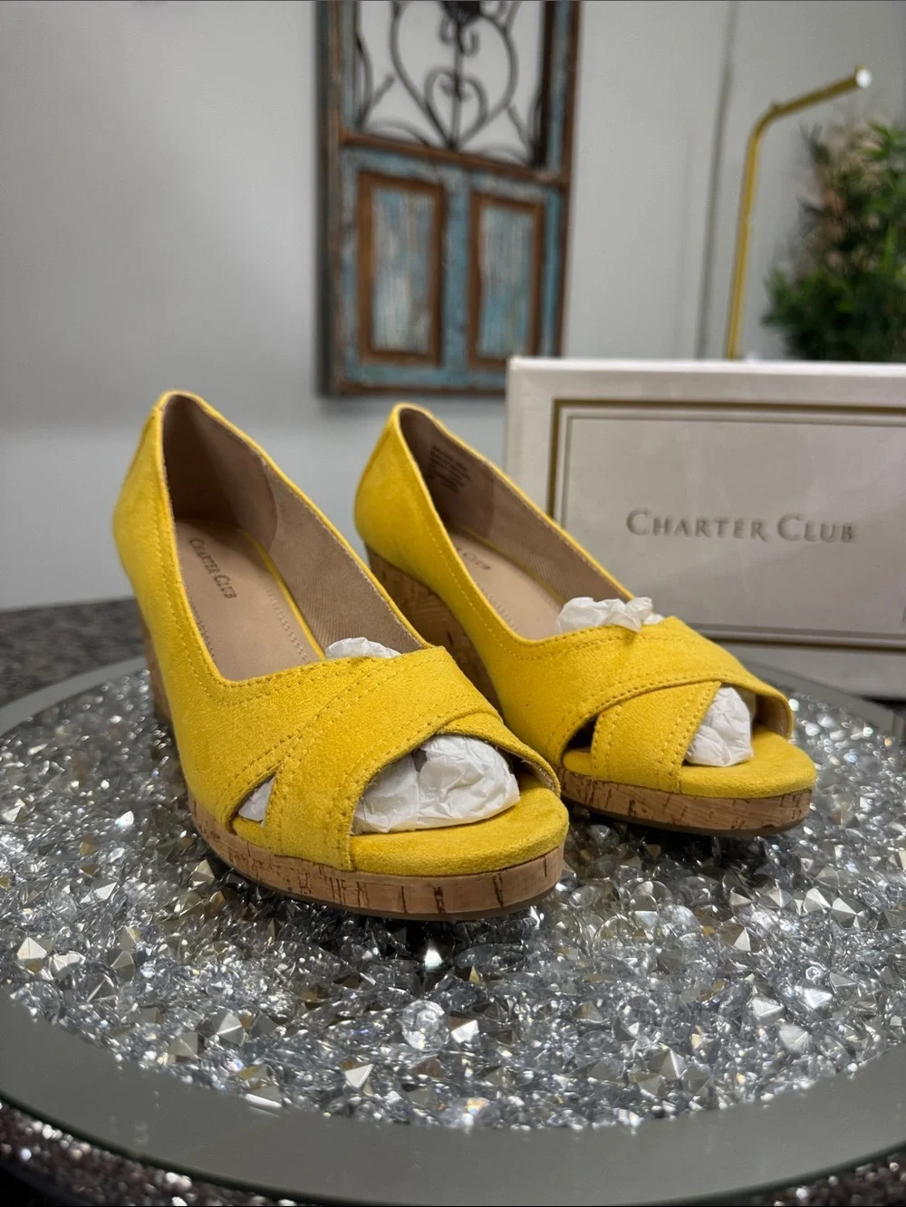 Charter Club Toniiem Yellow Cork Wedge Peep-Toe Heels NEW 8